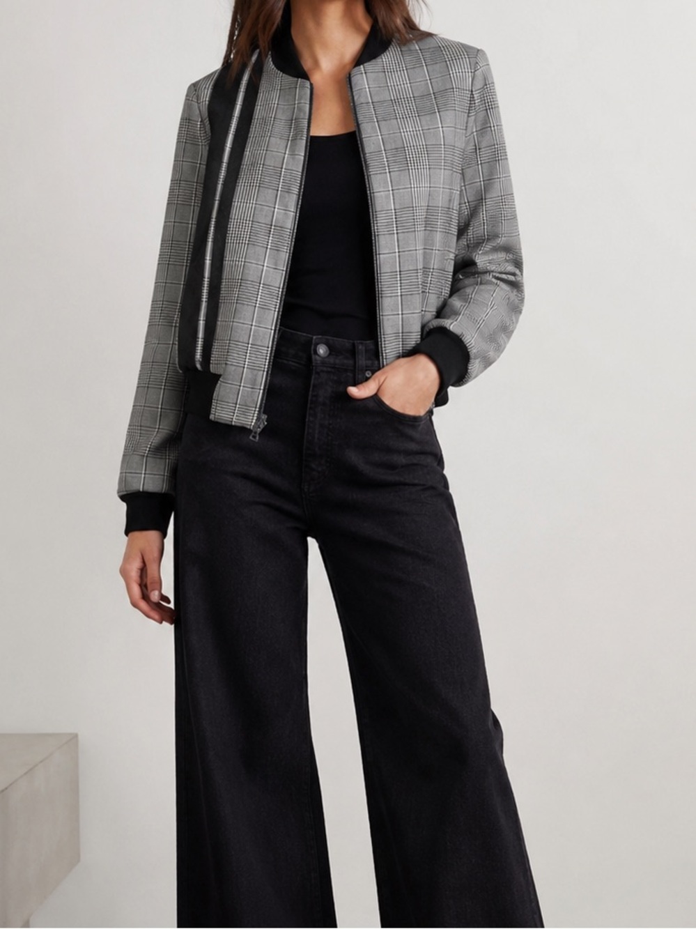 Alice and Olivia Lonnie Reversible Plaid Bomber Varsity Jacket Gray Black xs